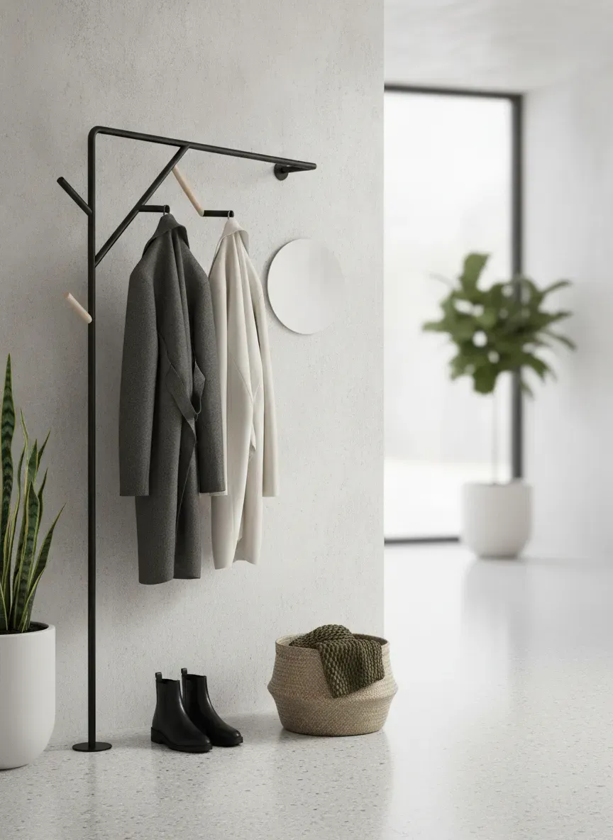 Modern minimalist coat rack in a clean entryway setting