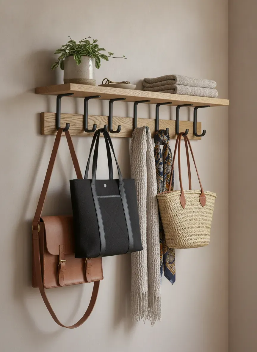 Sturdy wall-mounted entryway shelf with hooks holding bags and scarves