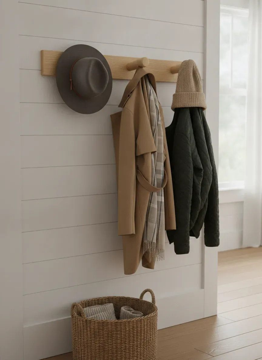 Close-up of wooden coat rack pegs holding hats and coats in an organized entryway
