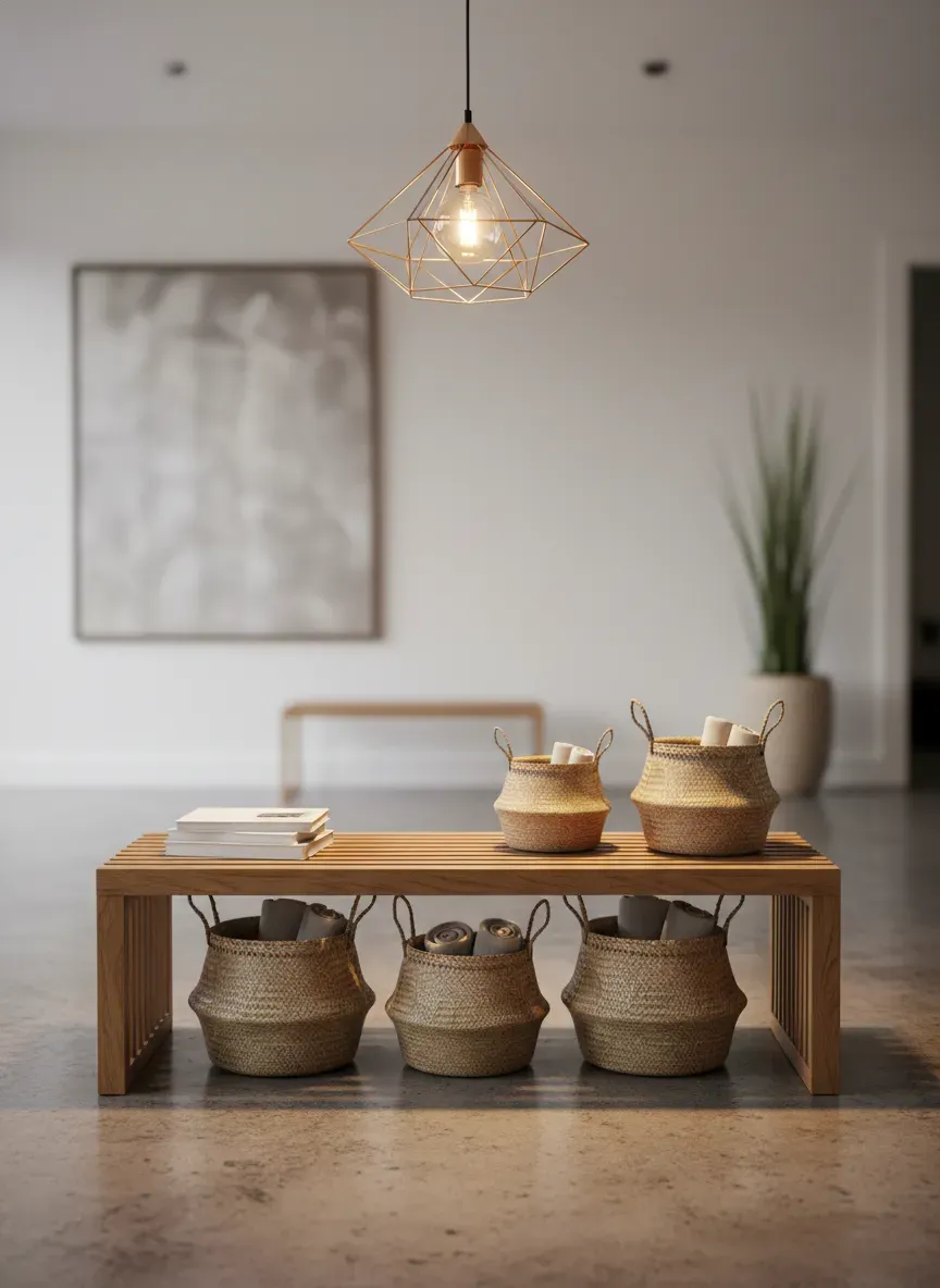 A meticulously styled modern foyer featuring an oak storage bench, woven baskets, and overhead ambient lighting
