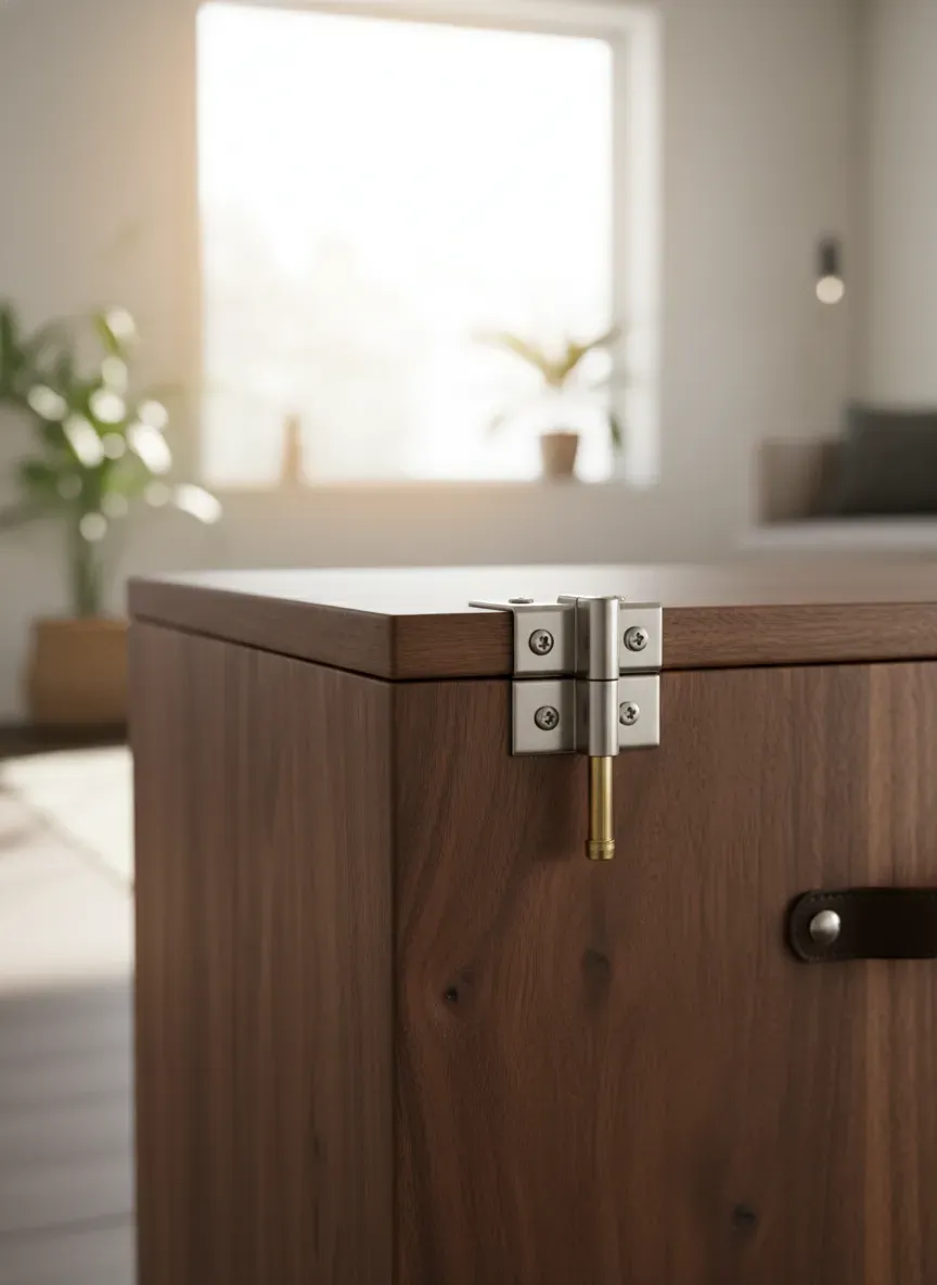 A detailed close-up of soft-close pneumatic hinges on a solid walnut entryway storage chest