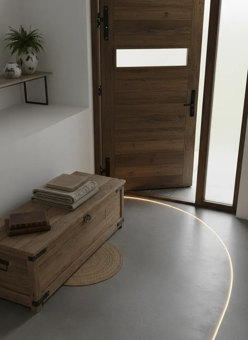 An overhead shot illustrating proper clearance between a front door swing and a rustic storage bench