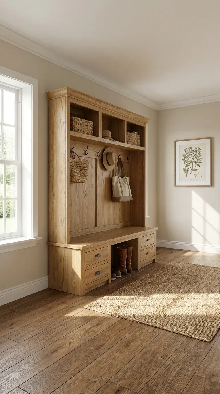 Hall tree with drawers in oak entryway - 10-model lineup bench height 18 inches