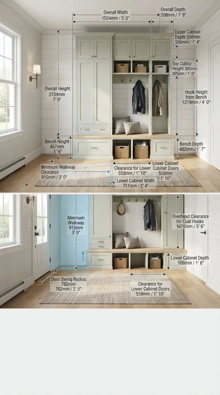 Hall tree spatial clearance blueprint - drawer extension 12-14 inches plus squat zone measurements