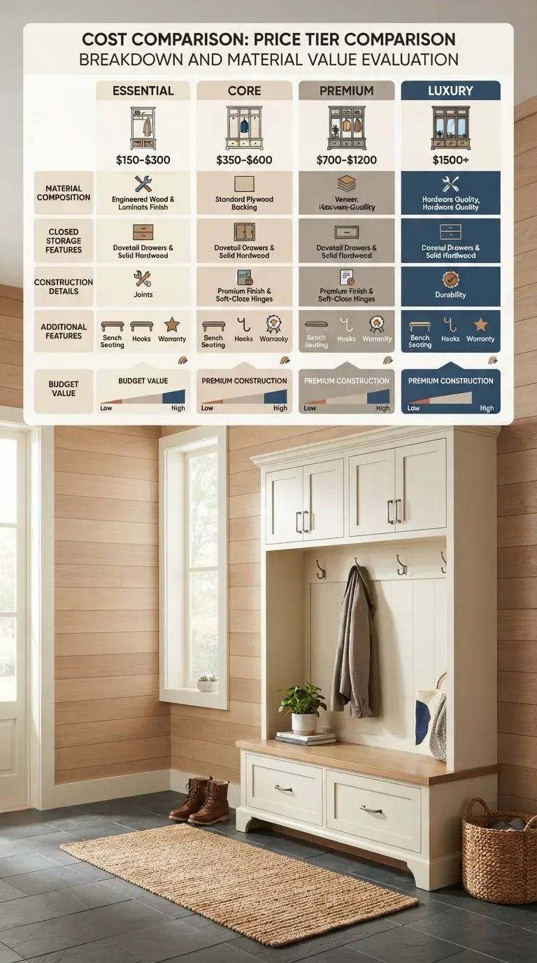 Hall tree material cost-per-year - solid wood vs MDF vs particle board 15-year lifespan