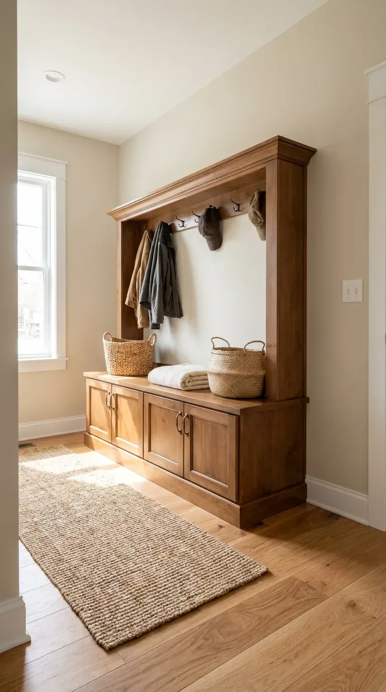 Original Photography: Minimalist metal and wood hall tree under high-traffic home test