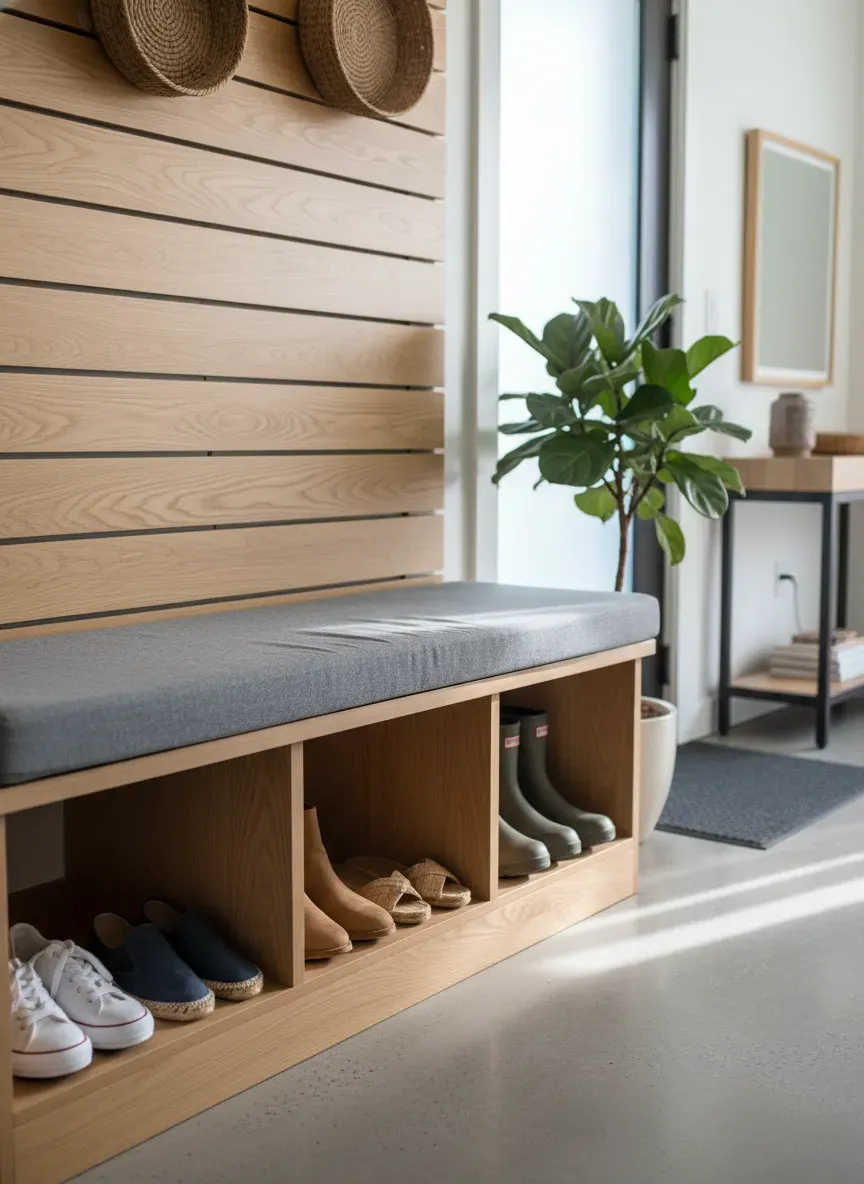 A beautifully styled mudroom bench with neat cubbies holding various pairs of shoes beneath a cushioned seating area