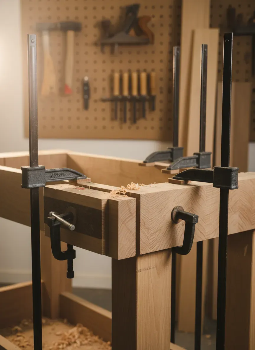Woodworker assembling a sturdy maple workbench using heavy duty clamps