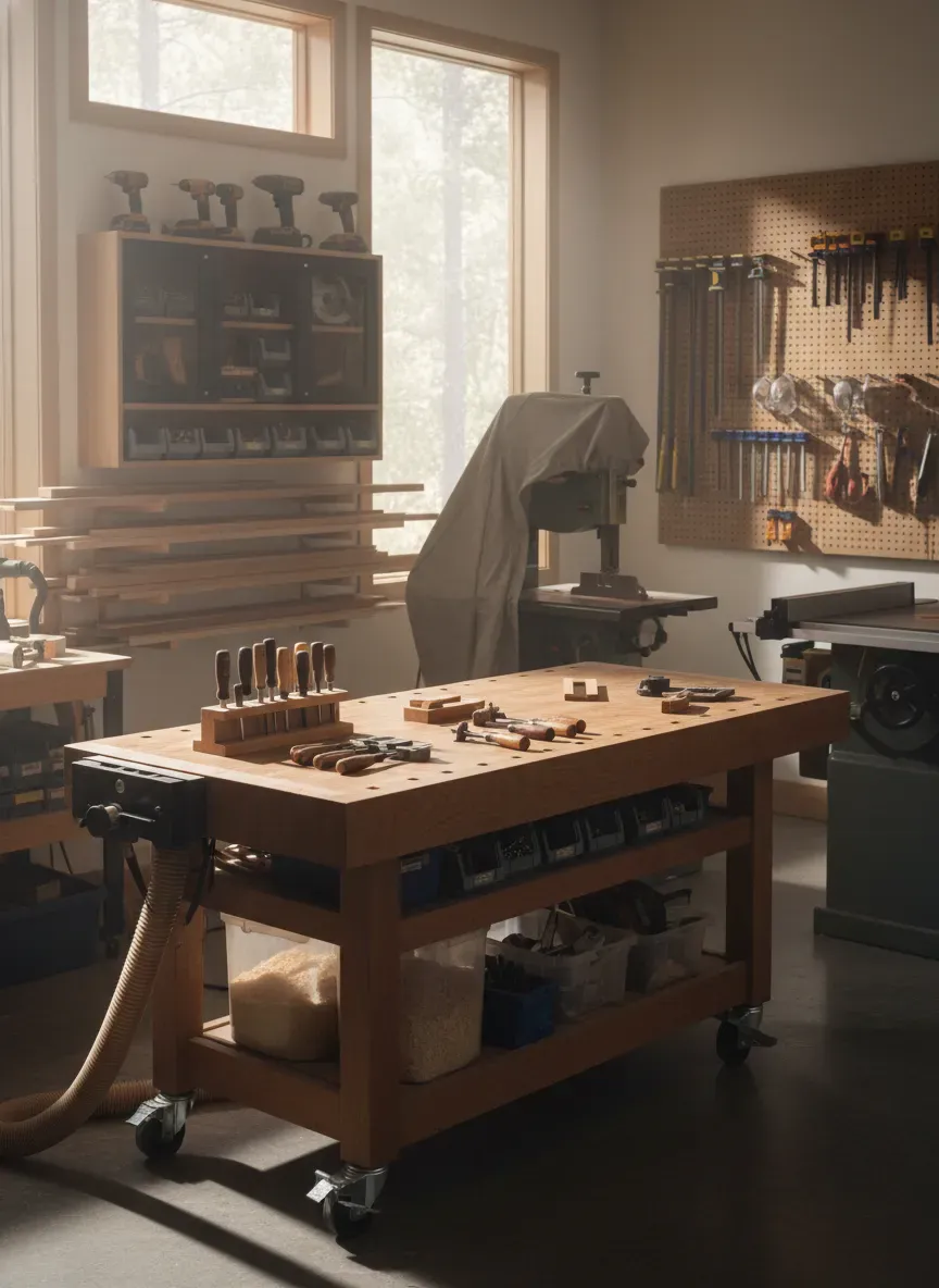 Wide shot of a well organized woodworking shop with a central workbench on casters