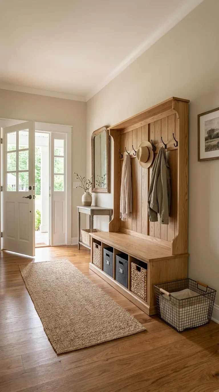 Original Photography: Real-world entryway setup with natural oak finish