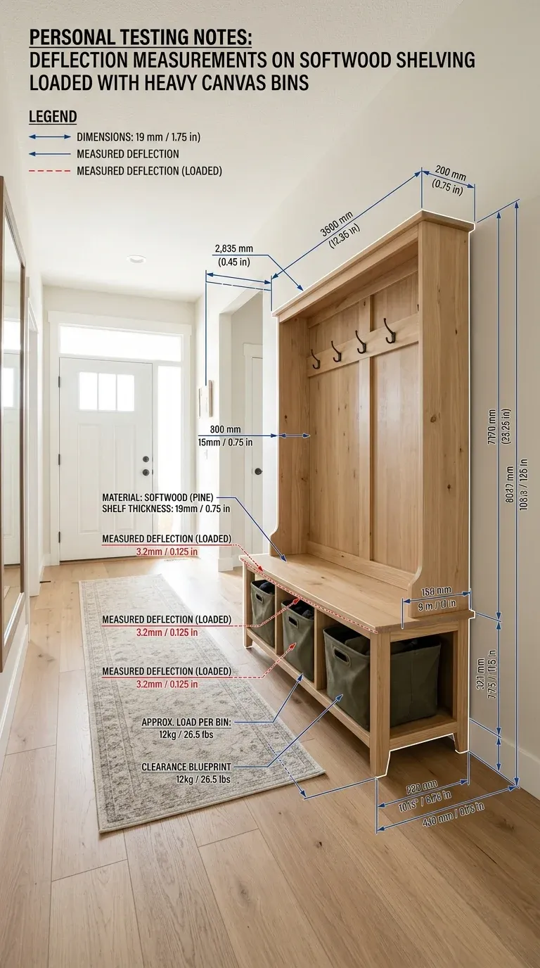 Personal Testing Notes: Deflection measurements on softwood shelving loaded with heavy canvas bins