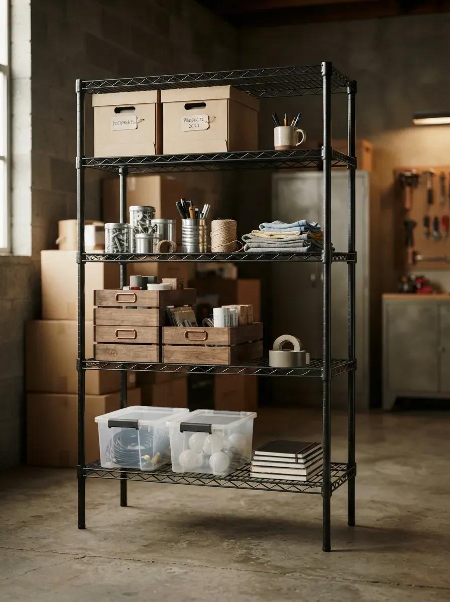 Industrial Wire Shelving Unit in Storage Room