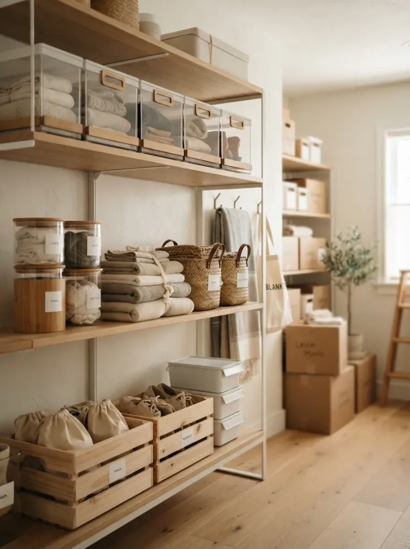 Organized storage room with wire shelving, clear bins, pegboard, and labeled containers showing smart storage room ideas