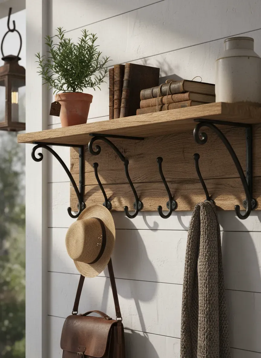 Rustic farmhouse entryway shelf with cast iron hardware