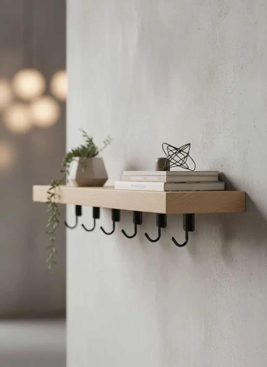 Modern floating shelf with hidden hardware and fold-down hooks