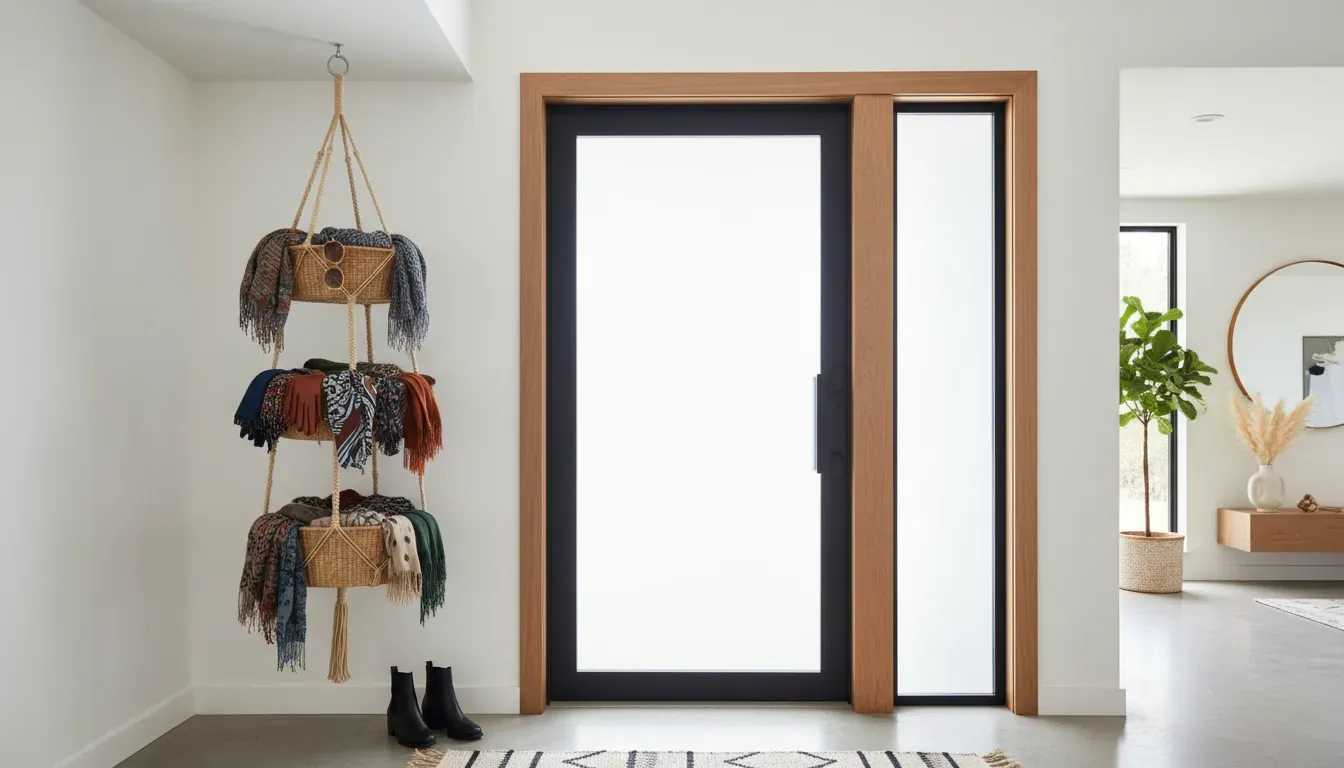 Modern entryway door with a hanging tiered basket system filled with scarves and accessories