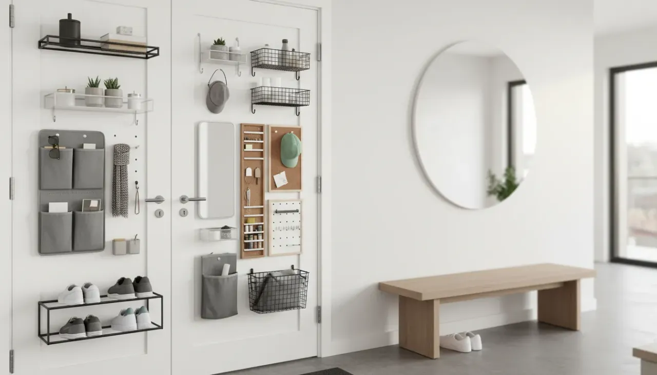 A stylish, organized entryway featuring a minimalist over-the-door storage rack holding coats and bags in a modern apartment.
