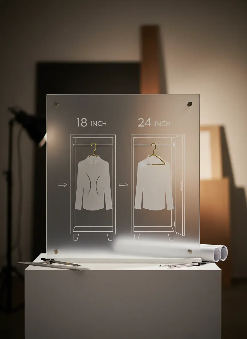 A detailed schematic showing side-by-side comparison of hanger clearance in 18-inch vs 24-inch deep lockers.