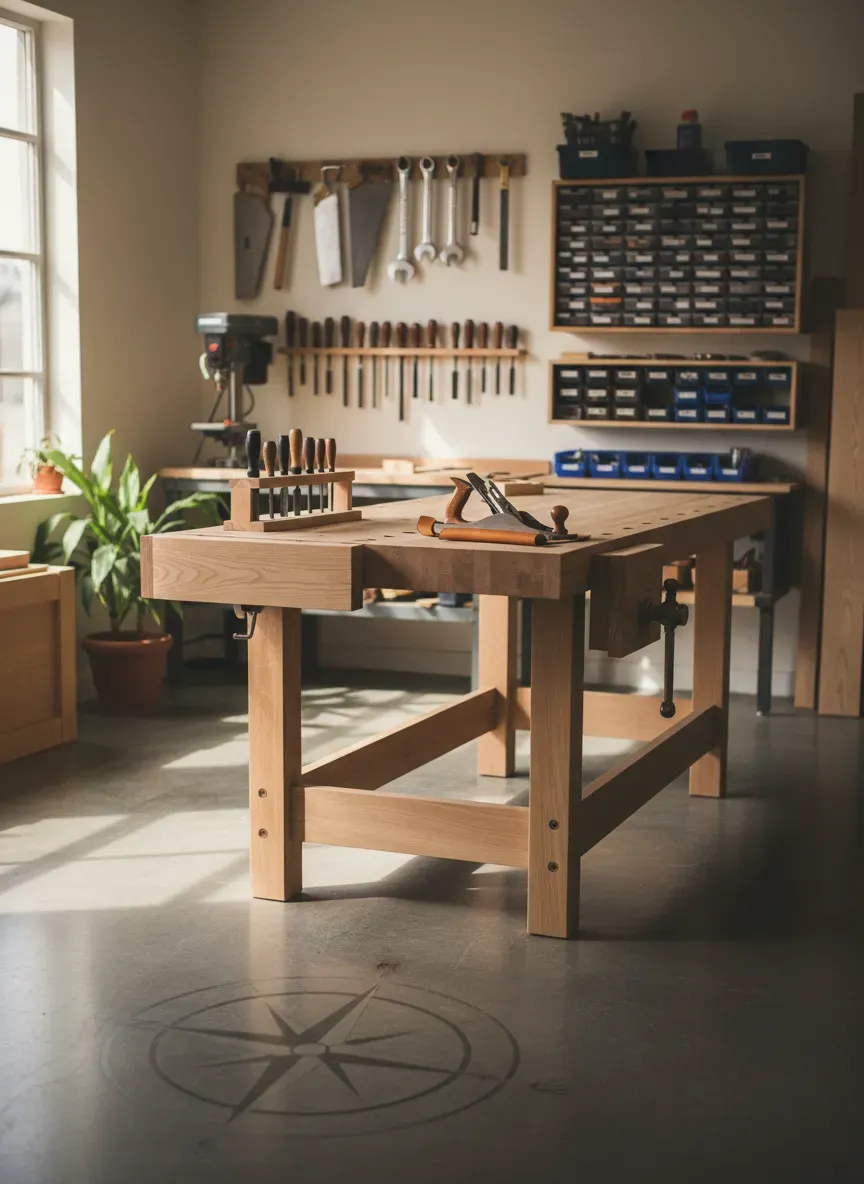 A beautifully organized workshop highlighting spatial awareness and a newly built wooden workbench