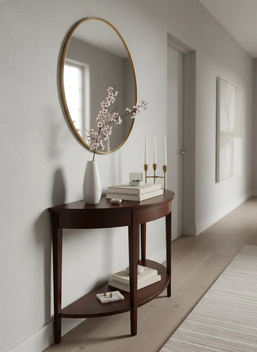 Elegant half moon table styled with a round mirror in a narrow hallway