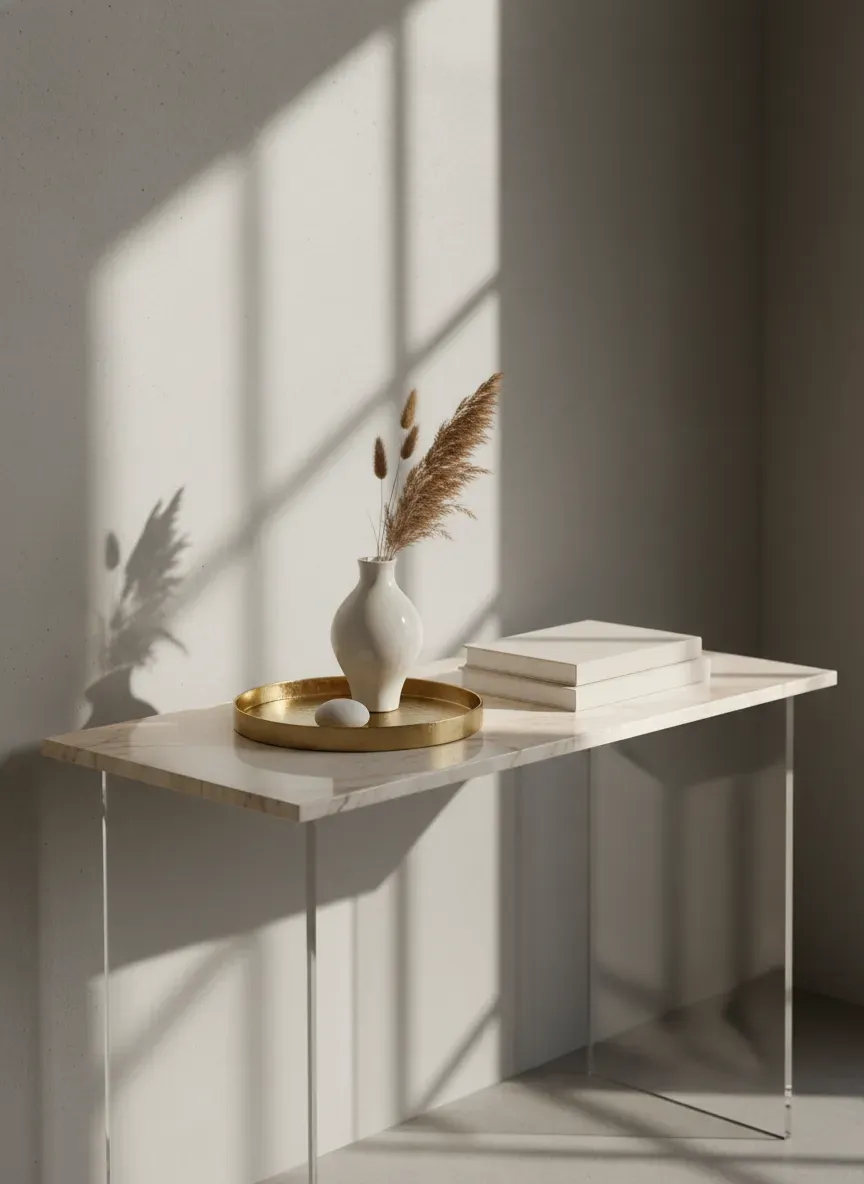 Modern minimalist half moon console table with acrylic legs and a brass tray