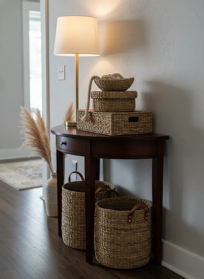 Styling a narrow entryway with a dark wood demilune table, woven baskets, and a tall lamp