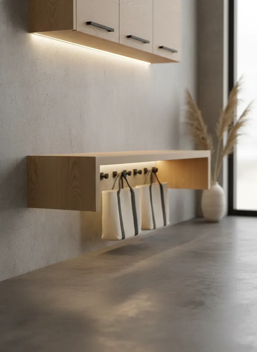 Modern floating mudroom bench featuring integrated LED strip lighting and minimalist matte black hardware