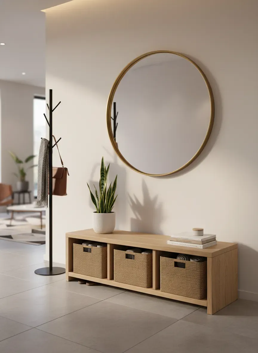 Entryway bench with storage fitting seamlessly into a modern foyer