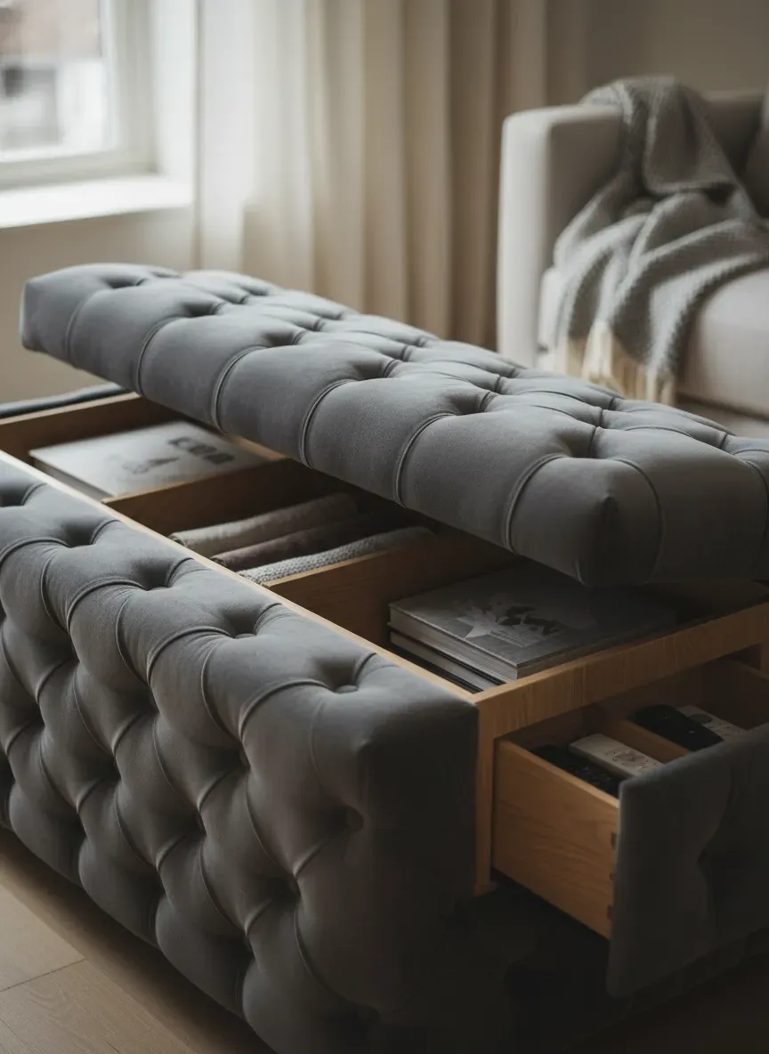 Detailed view of tufted upholstery and hidden storage compartments