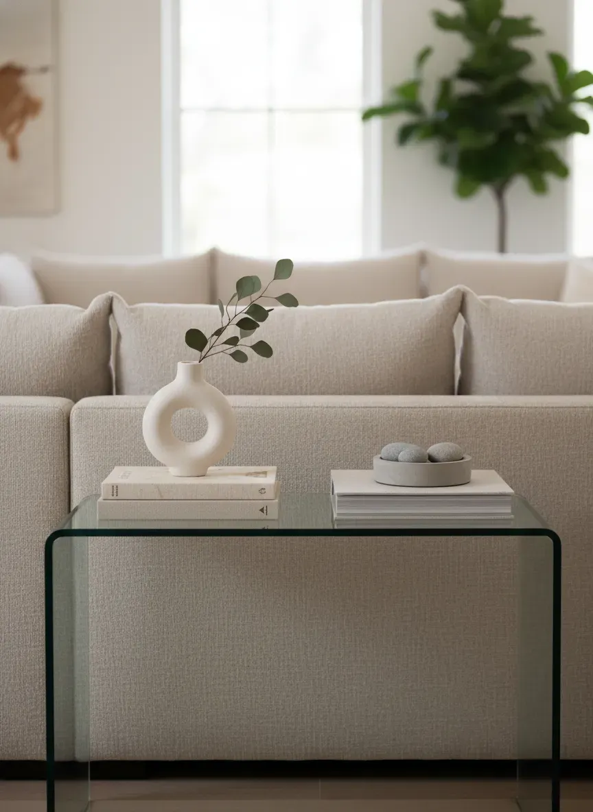Modern glass sofa table placed behind a neutral linen sectional