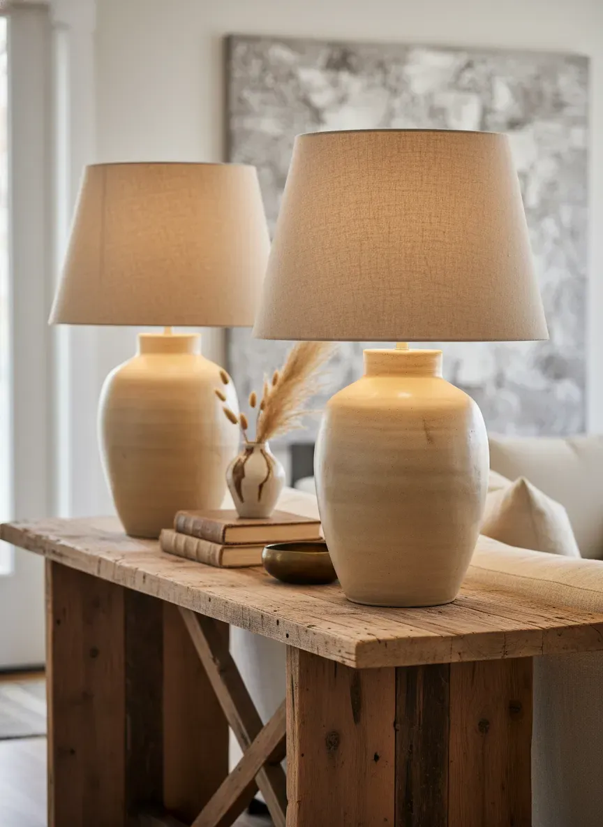 Rustic reclaimed wood console table styled with oversized ceramic lamps
