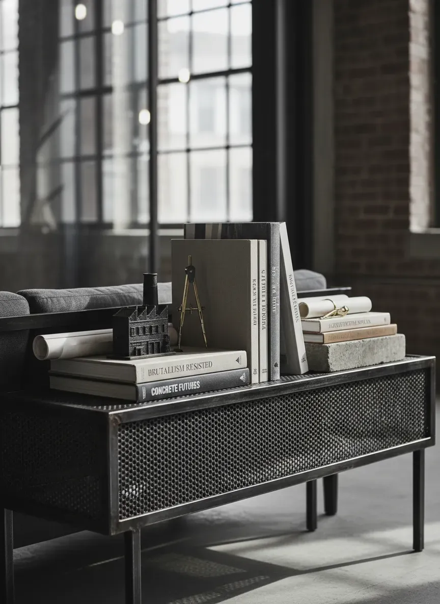 Narrow industrial metal sofa table holding a collection of architectural books
