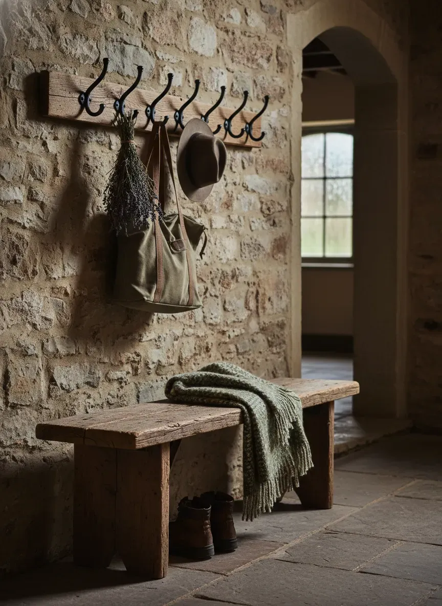 Weathered oak bench with cast iron hooks in a rustic entryway