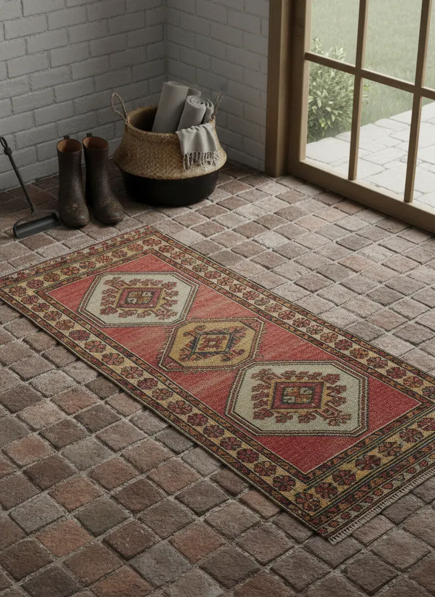 Antique Turkish runner rug on brick mudroom floor