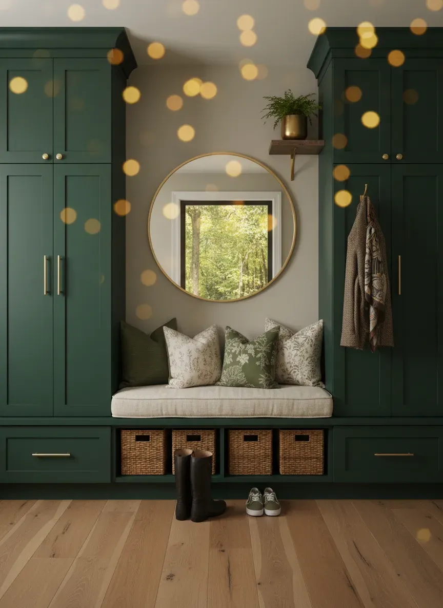 Floor-to-ceiling forest green mudroom lockers with brass hardware