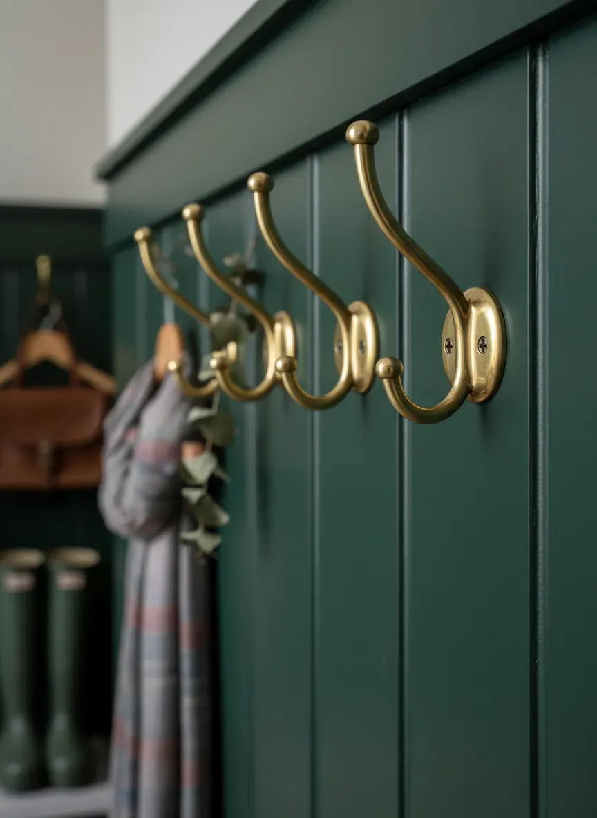 Close up of unlacquered brass coat hooks against dark forest green beadboard