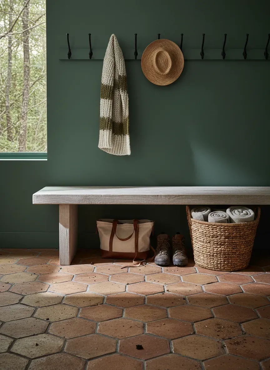 A rustic mudroom featuring a white oak bench, terracotta floors, and forest green walls