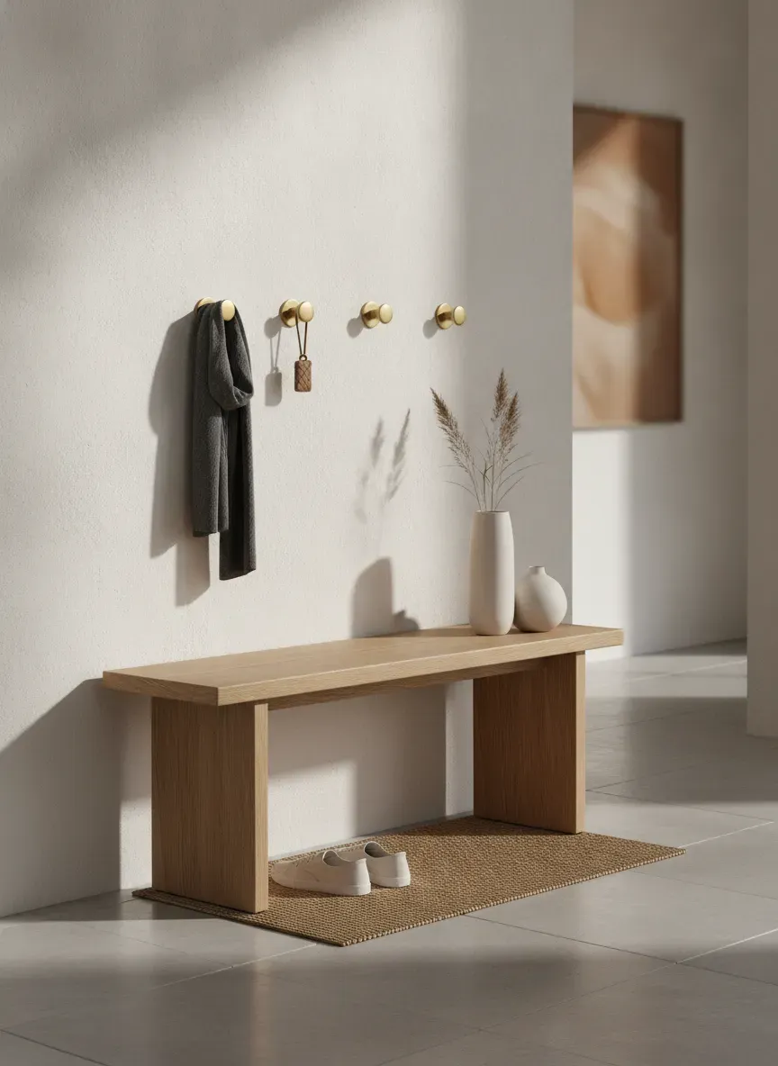 A beautifully organized minimalist entryway with a slim wooden bench and brass wall hooks