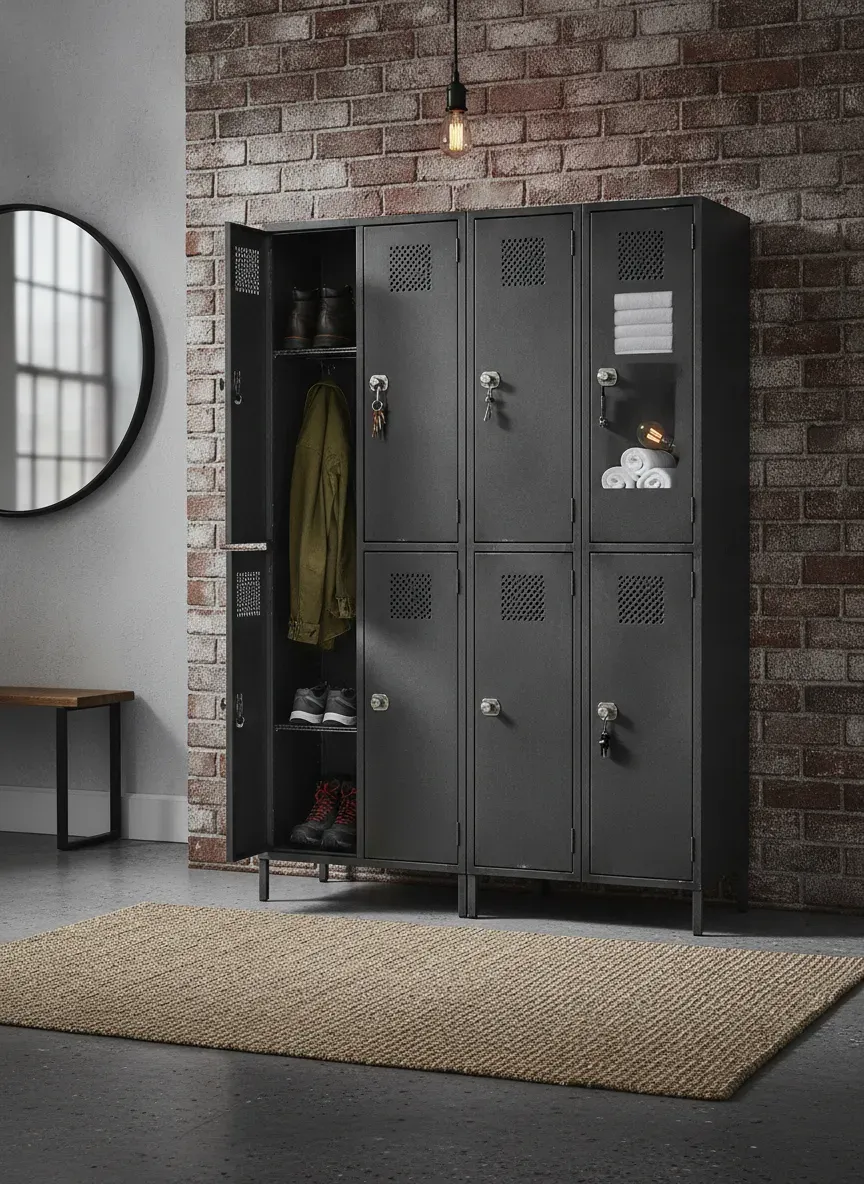 A modern industrial mudroom locker setup featuring a charcoal gray storage unit
