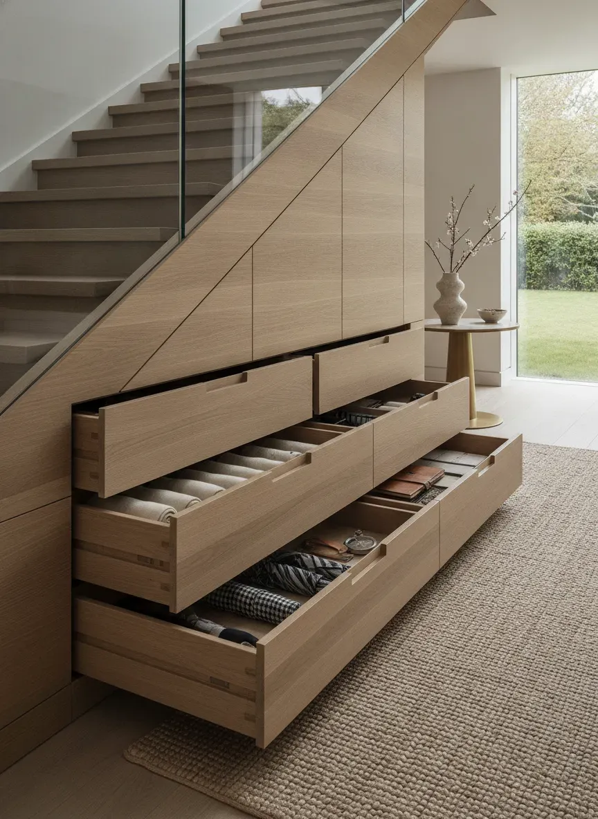 An open-concept foyer with custom built-in under-stair drawers pulled open