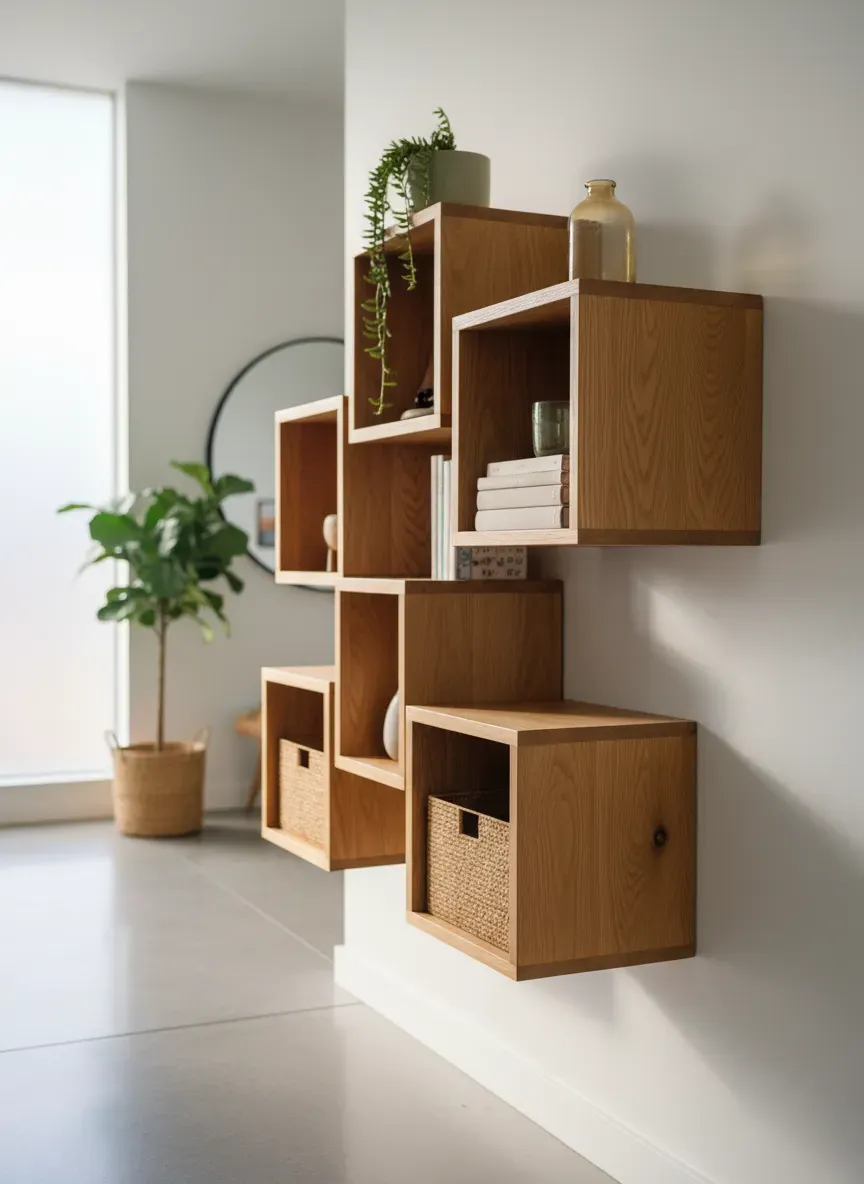 Cantilevered floating wooden cubbies in a bright entryway