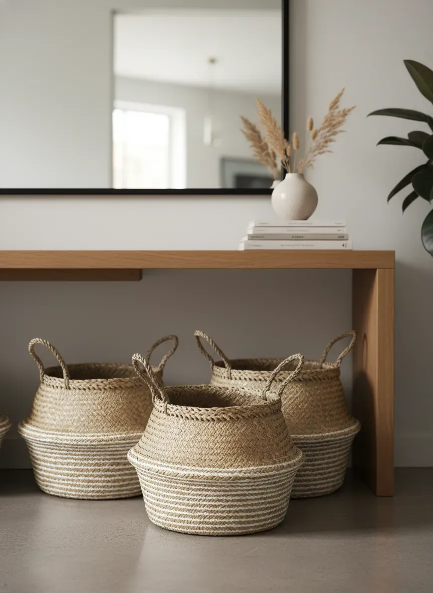 Woven belly baskets tucked neatly under an entryway console