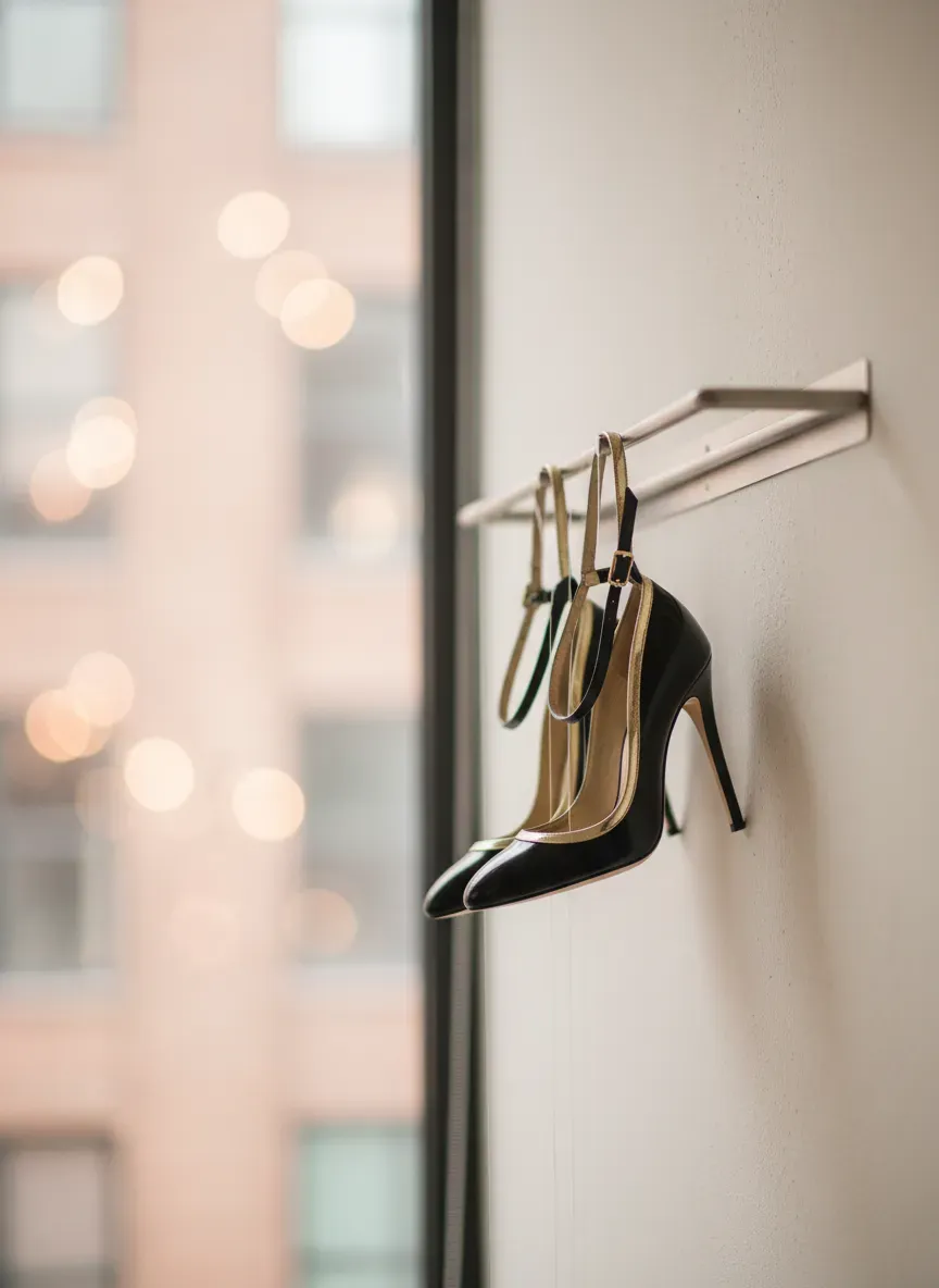 High heels hanging elegantly from a wall-mounted picture rail