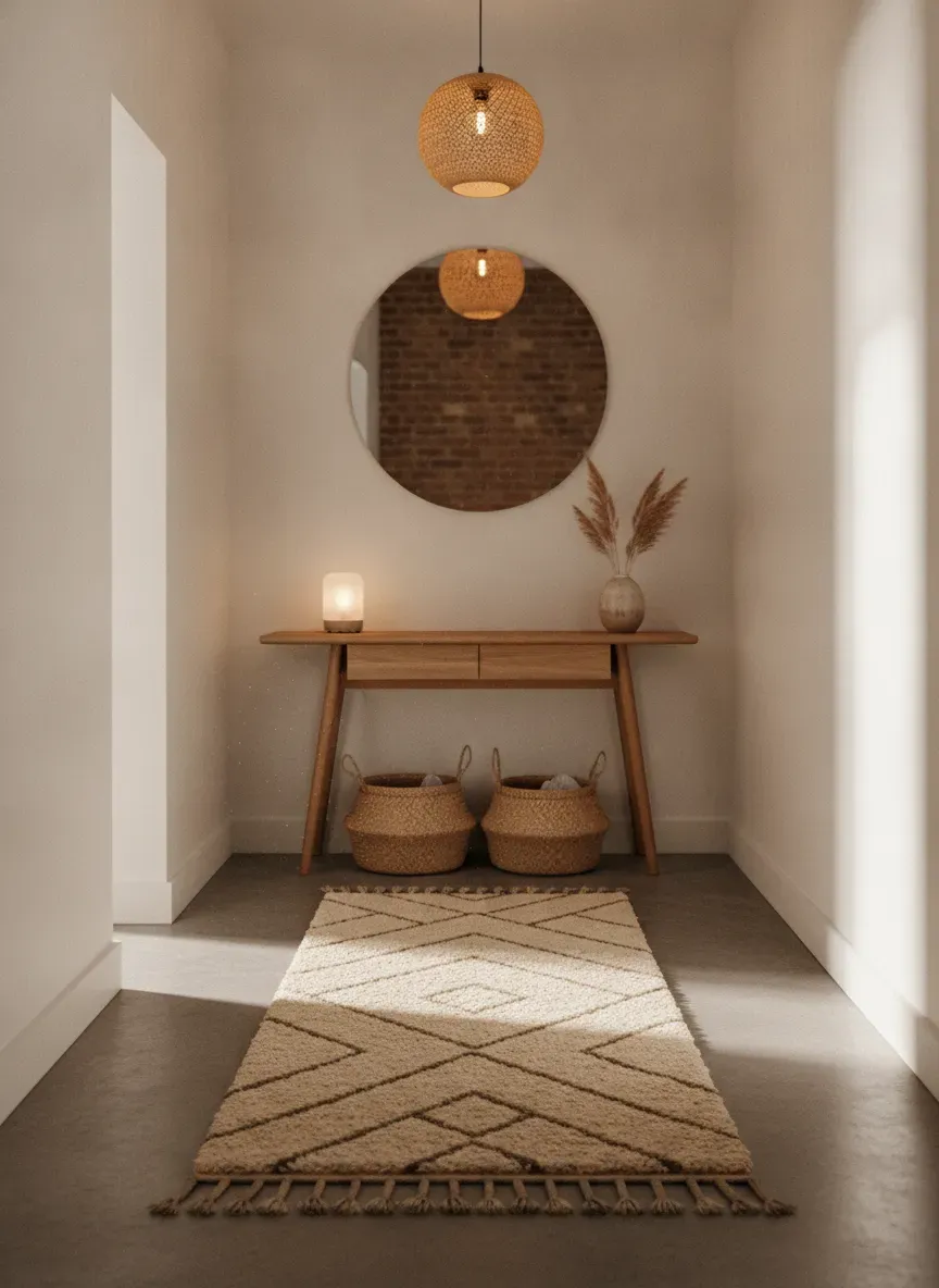 Cozy minimalist small entryway hallway with a warm runner rug and floating console