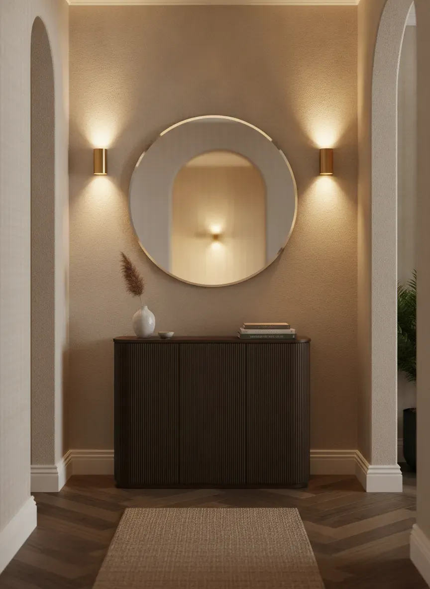 A narrow hallway with warm sconce lighting and a stylish mirror reflecting soft light
