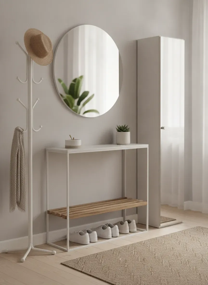 A beautifully organized small entryway showing slim storage solutions and clean decor