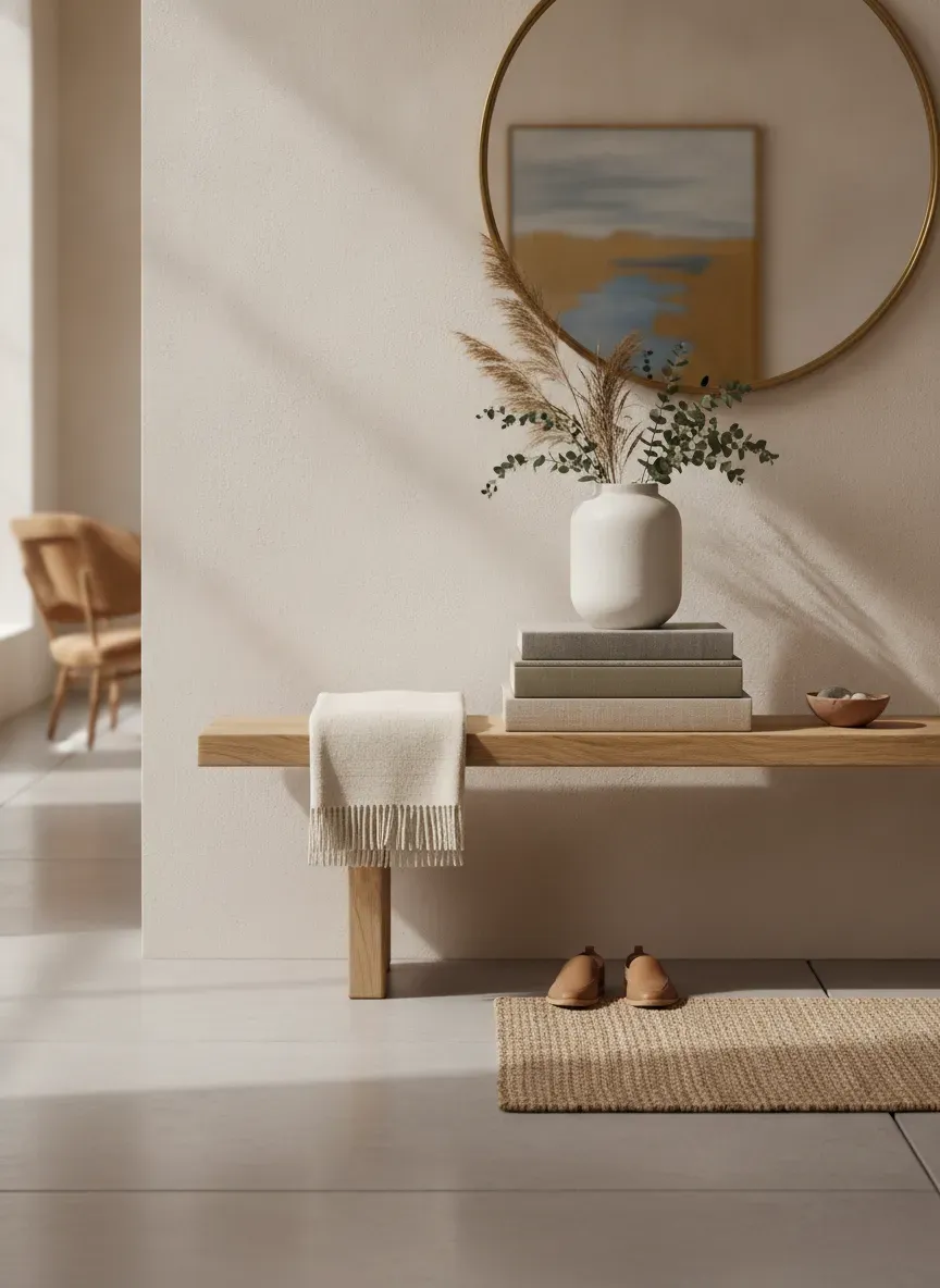 Styled Entryway with Slim Wooden Bench