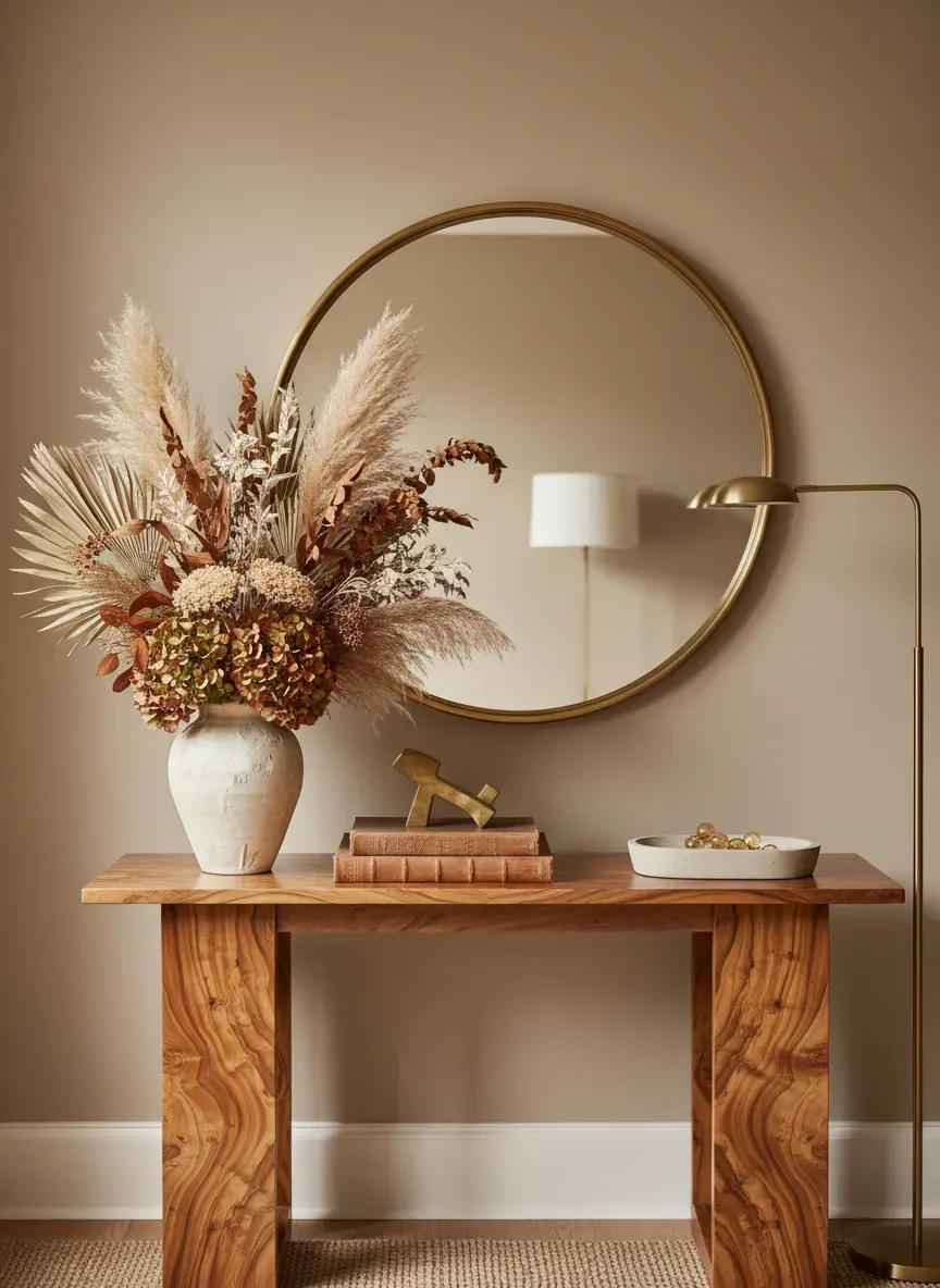 A beautifully styled vintage burl wood entryway table with a brass mirror and dried florals