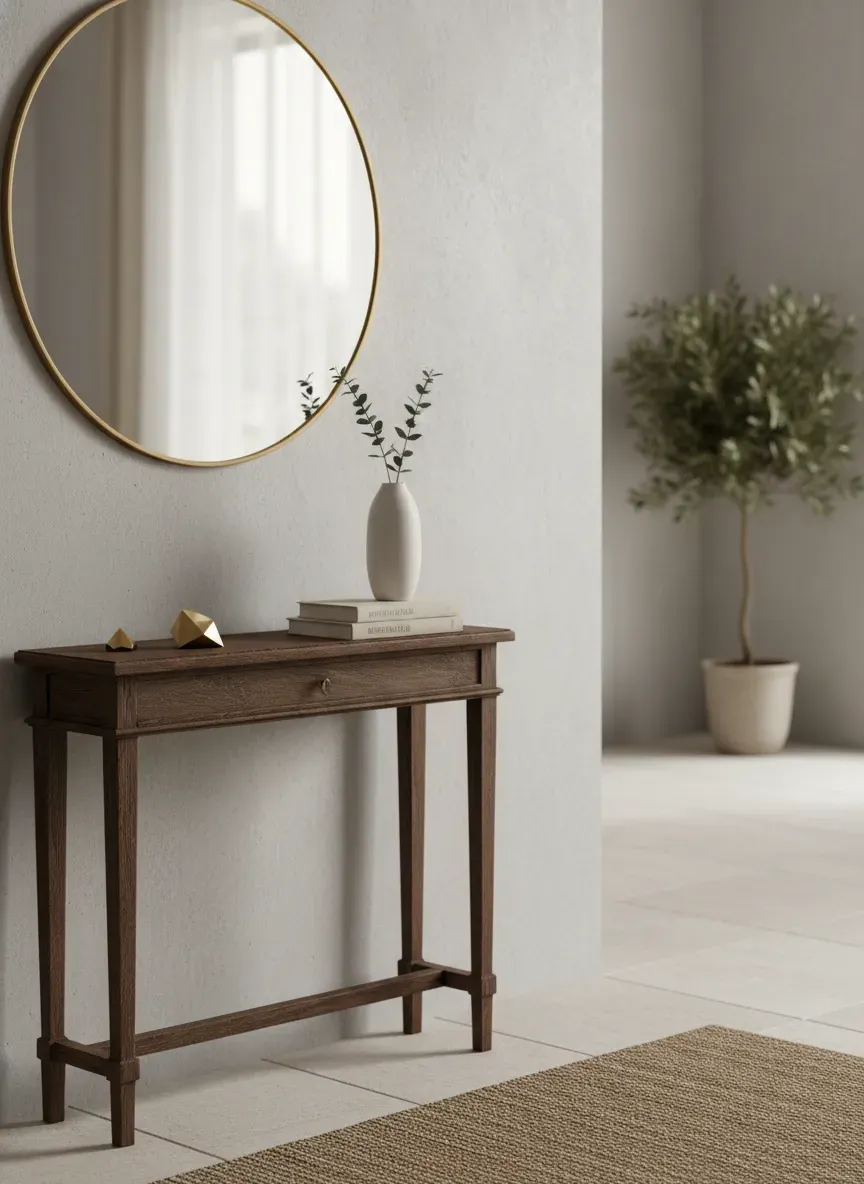 A narrow antique console table demonstrating perfectly balanced, minimalist foyer styling