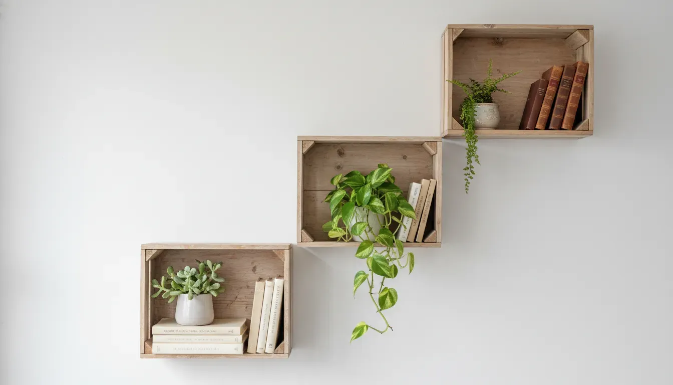 Three wooden crates mounted on a white wall in a stepped pattern holding plants and books